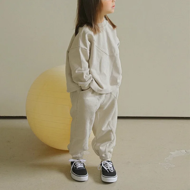 

2025 Autumn and Winter New Children's Minimalist Design with Cotton and Velvet Solid Color Hoodie and Pants Two-piece Set