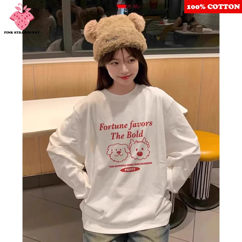 

White Long sleeved T-shirt Women Autumn 2025 New 100%Cotton Cartoon Dog Print Tee Round neck Casual Loose Y2k Top kawaii clothes