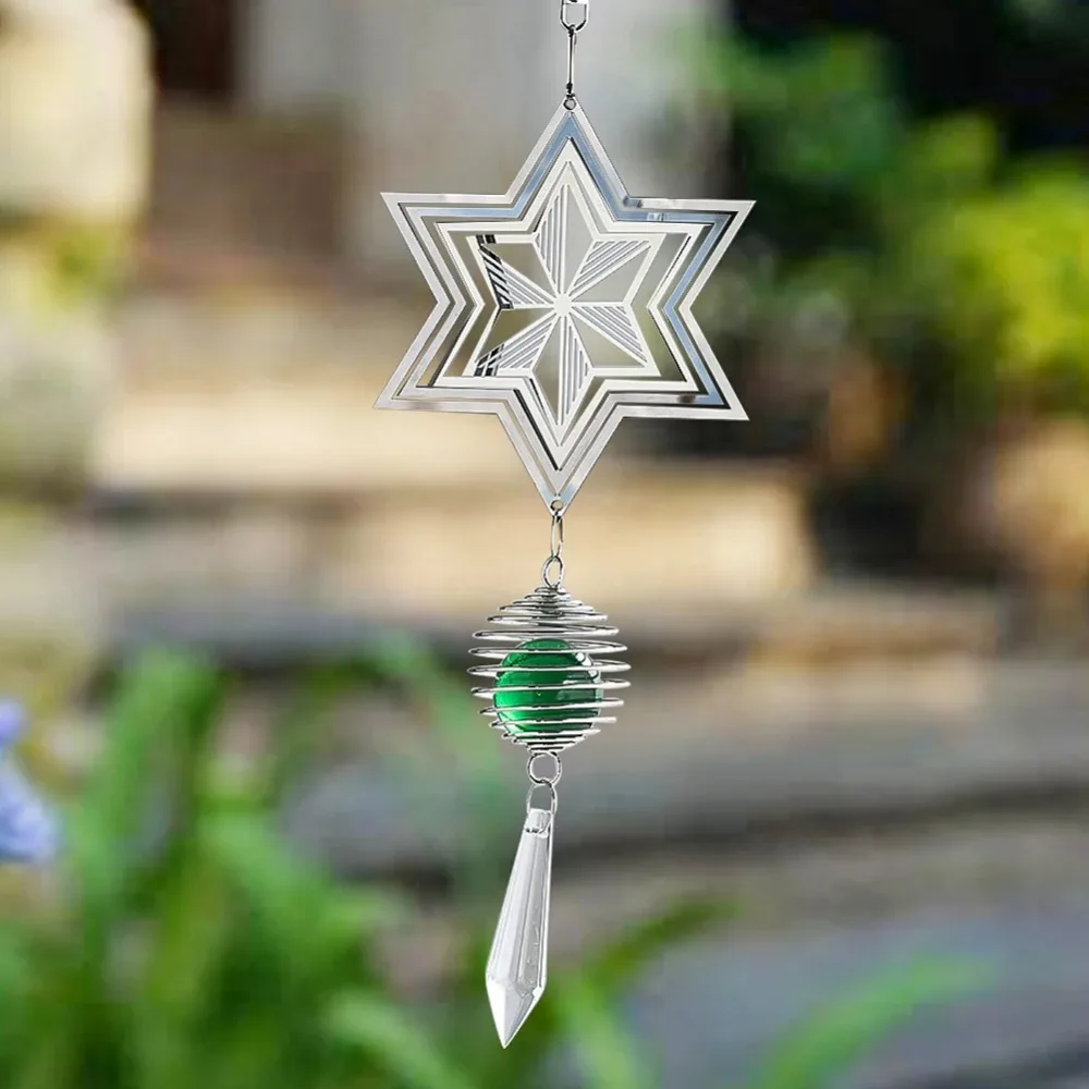 3D Six Pointed Star Rotating Pendant Hanging Crystal Metal Spiral Ball Wind Chimes Handmade DIY Crafts Hexagram Star Sun Catcher