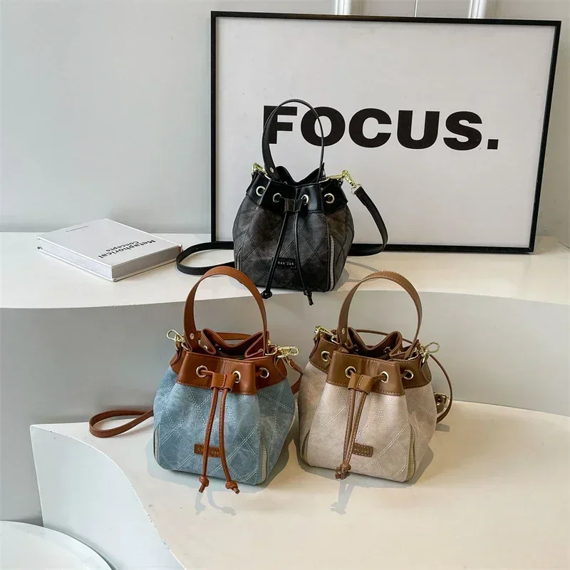 Fashion Versatile Bucket PU Shoulder and Crossbody Bags High Quality Sense of Luxury Color Matching Handbags for Women 2024 New