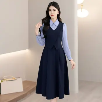 Vestido Retro de manga larga para mujer, de dos piezas con retales prenda elegante, ceñido a la cintura, informal, minimalista, a la moda, para otoño