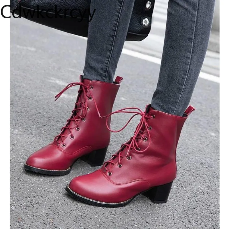 Damenstiefel Neue Herbst-Winter-Mode Runder Schaft Schnürung Mittlerer Absatz Damenschuhe Übergröße 31-52 Absatzhöhe 5cm Schwarz