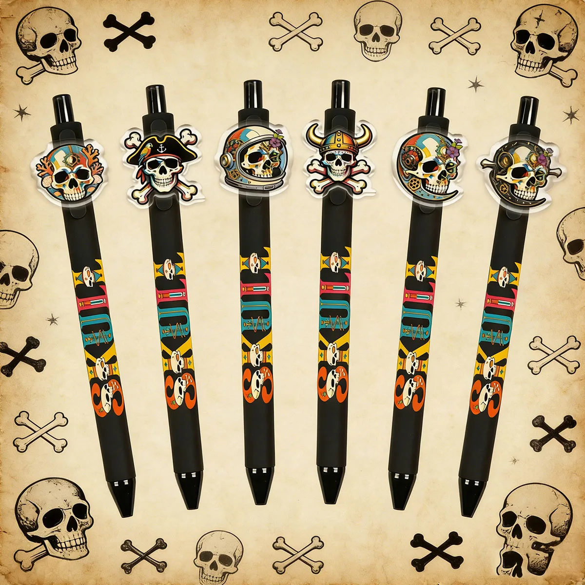 

6/17pcs Black Theme Skull Pattern Ballpoint Pen Patch Decorative Pen Portable version