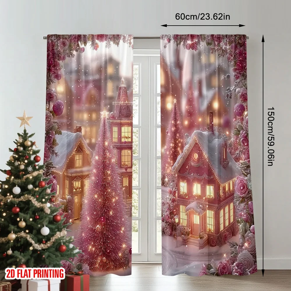 2pcs 2D flat printing Merry Christmas Curtains Snowflake house ball pink Digital Printed Polyester Drapes Birthday Party for