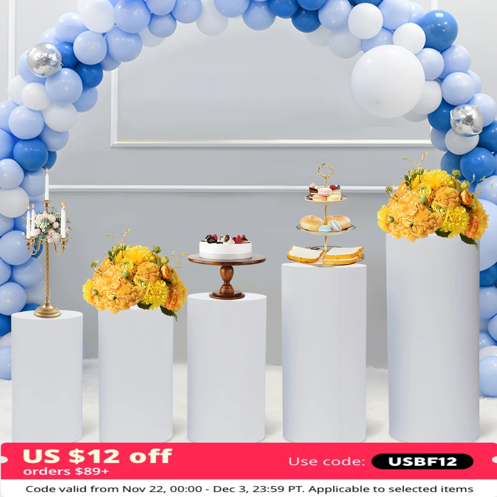 

5Pcs Cylinder Metal Pedestal Stand White Cake Plinths Backdrop Flower Column Dessert Table for Party Wedding Birthday Decor