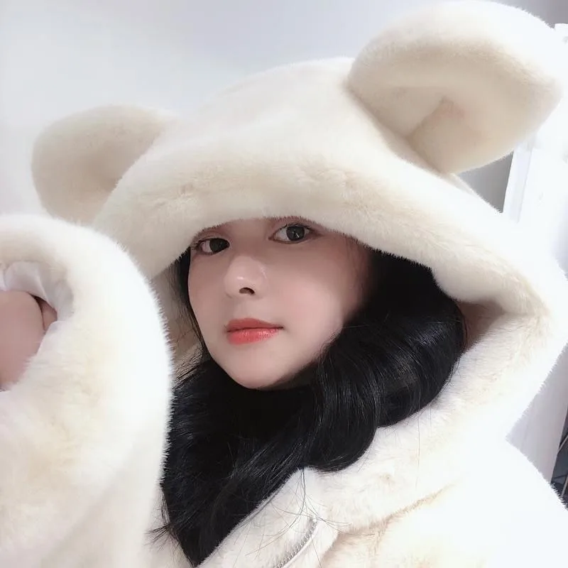 2026 Autumn and Winter New Cute Little Bear Ear Imitation Mink Fur Coat Women Hooded Fur Thick Medium Long Coat