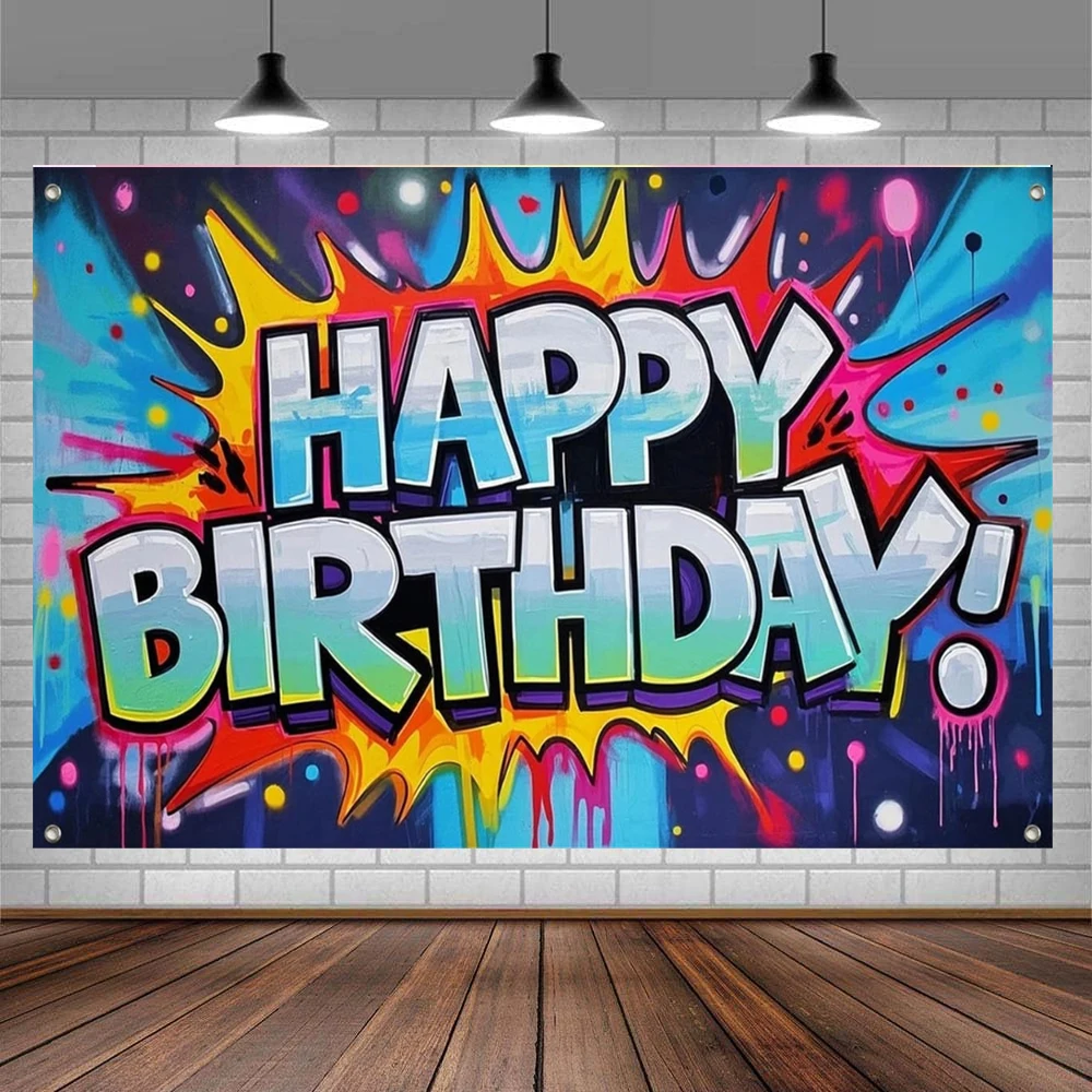 Photography Backdrop Birthday Decor Banner Neon Explosion Graffiti Theme with Gradient Letters Comic Burst and Paint Splashes
