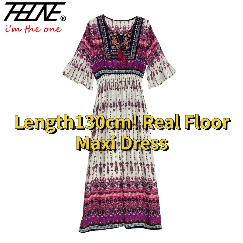 THHONE Women Dress Indian Loose Bohemian Korean Style Long Tassels Casual Vintage Vestidos Robe High Waist Round Neck Floral