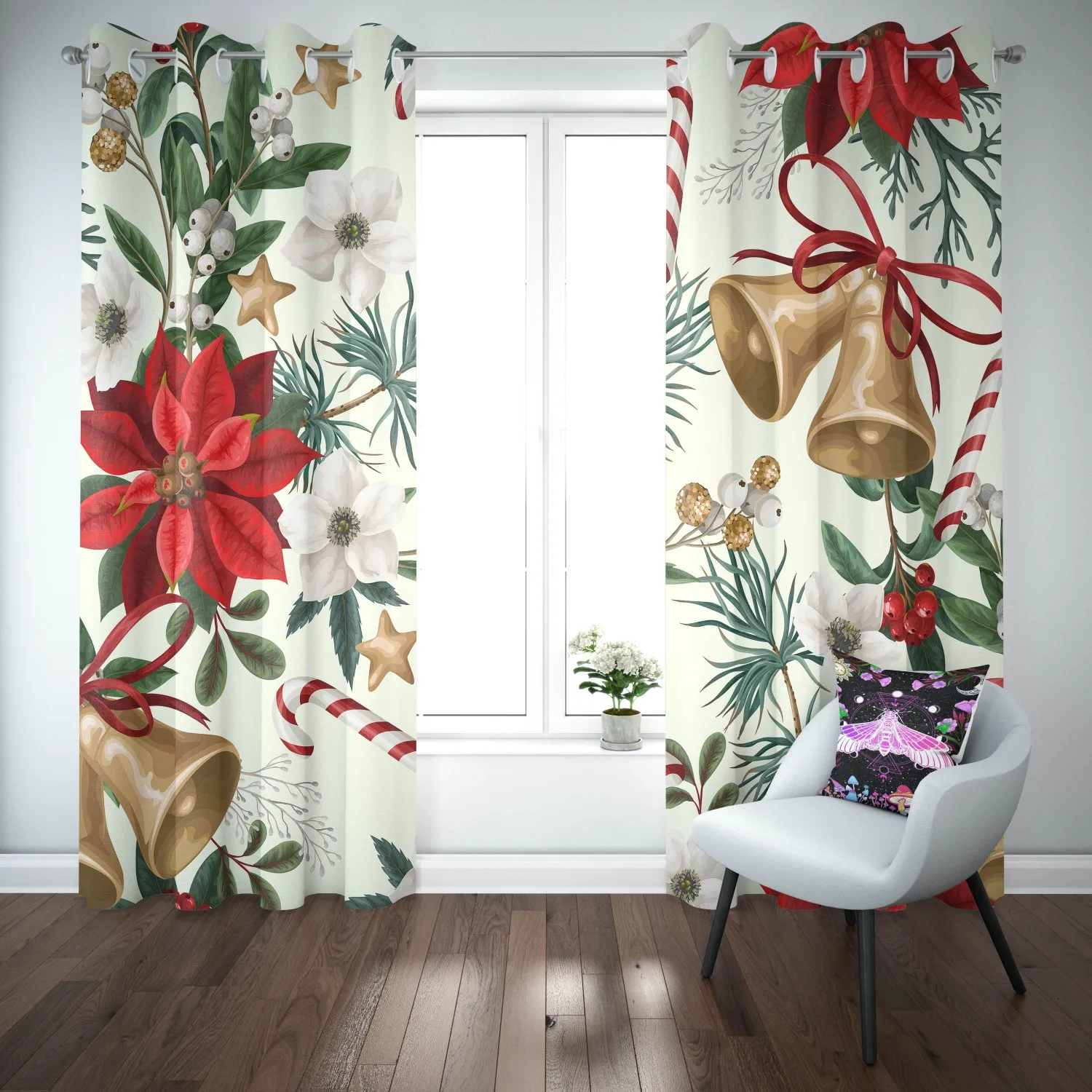 

Merry Christmas Bell Red Flower Leaf Happy New Year Window Curtain For Living Room Kids Bedroom Bathroom Kicthen Door Home Decor