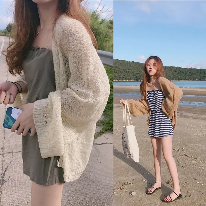 Women\'s Loose Fit Sunscreen Cardigan Korean Version Preppy Style Casual Summer Sexy Knitted Thin Mesh Solid Color Long Sleeve