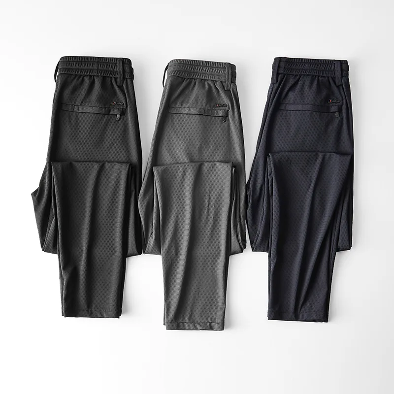 Pantalones informales finos de seda de hielo para hombre, ropa deportiva holgada de secado rápido con bolsillos con cremallera, color negro, para verano