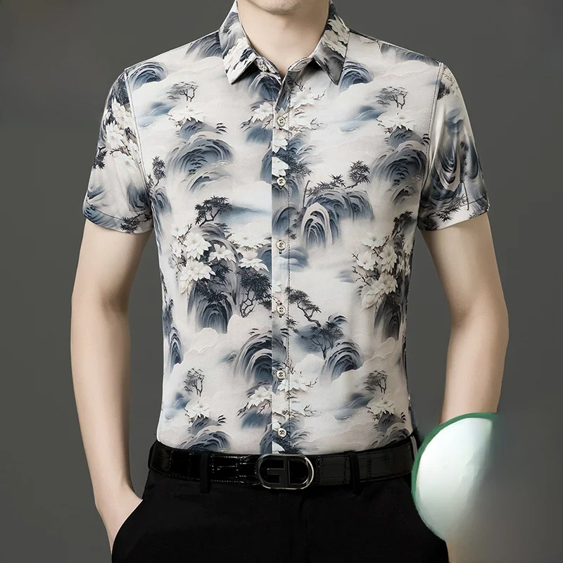

Summer Silk ort Sve Floral Print irt Men's Mid-aged Thin Faion Cool Feeling f Sve True Silk Printed irt