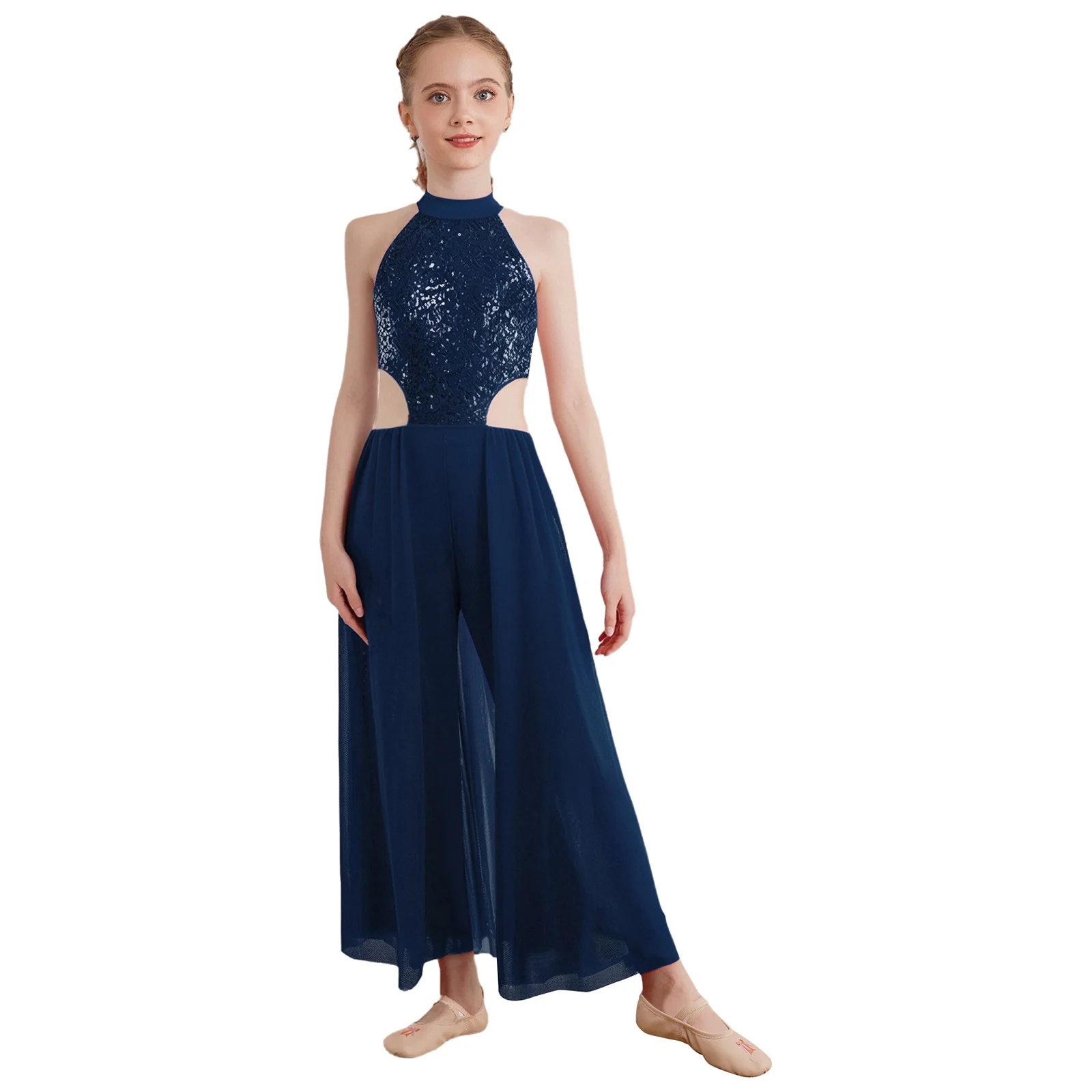 Mono de baile latino profesional para niños, traje de actuación de competición de baile de salón lírico con cuello Halter y espalda descubierta de malla con lentejuelas