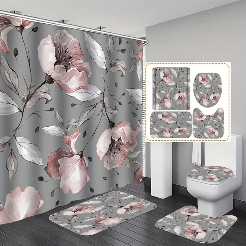 4pcs Grey Pink Floral Shower Curtain Set, Bath Rug, U-Shape Mat, Toilet Lid Pad, Water-resistant Shower Curtain With 12 Hooks,