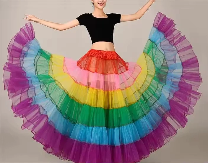 

Women'S Long Puff Party Dinner Skirt Patchwork Color Block A-Line Long Skirts Carnival Performance Clothing