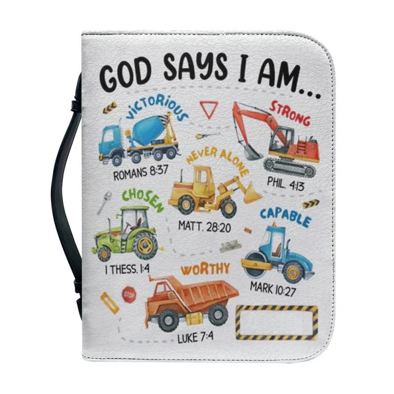 Funda con estampado personalizado de Dios dice que soy coche de juguete, bolso de mano de PU, libro de estudio, cajas de almacenamiento para niños