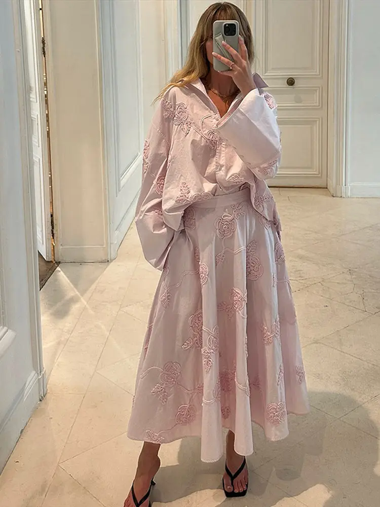 

Elegant Shirt Maxi Skirt Two Piece Set With 3D Rose-Embroidered Oversized Lapel Top A-Line Long Skirts Women's Loose Fit Outfit