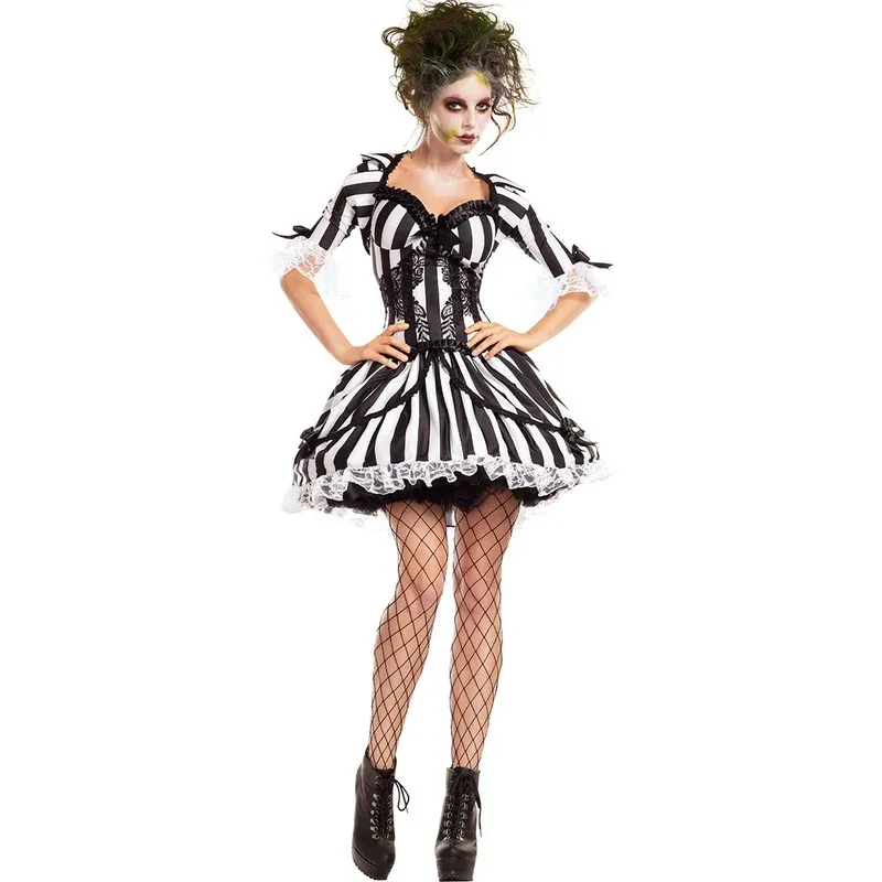 

Women Ghost Bride Cosplay Halloween Costumes Black Striped Demon Vampire Cos Dress with Stockings for Party Wear