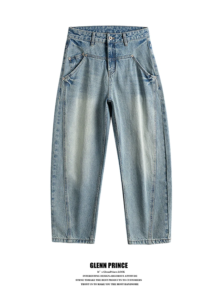 

Ретро-джинсы мужские в американском стиле, деконструированные, с эффектом потертости, прямого кроя, свободные, с вырезами в форме ножа, для повседневной носки