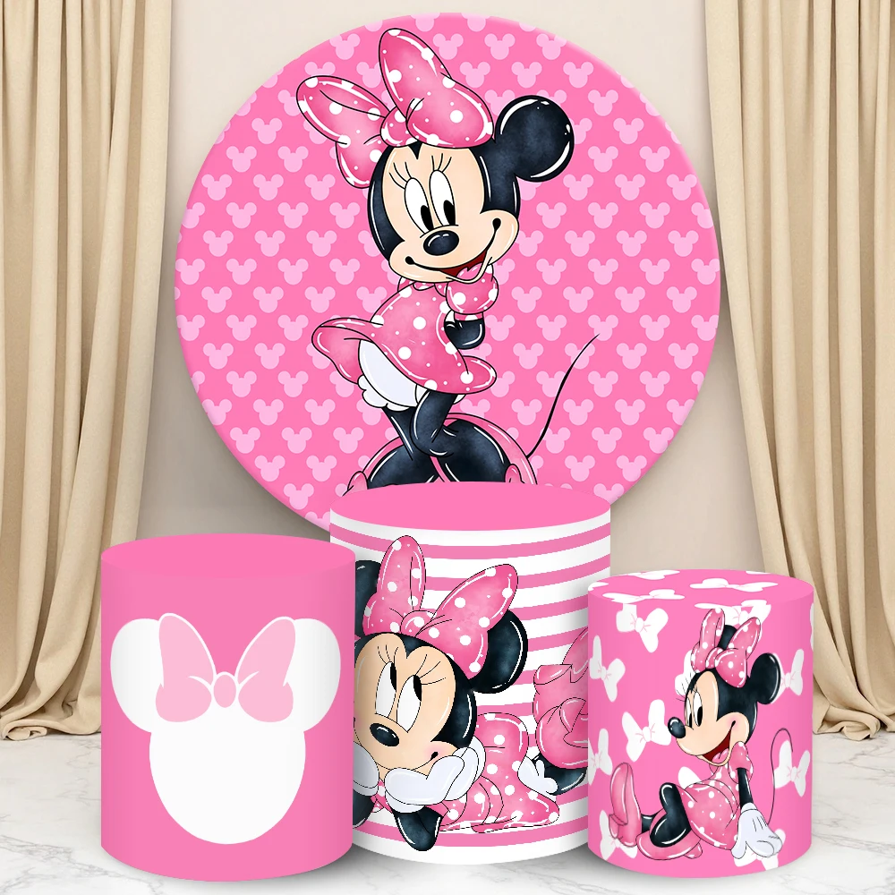 

Minnie Round Cylinder Backdrop Cover Disney Pink Kids Birthday Decoration BabyShower Photograph Background Cylinder Cake Cover