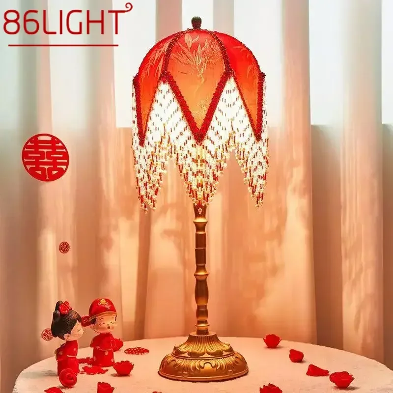 

86LIGHT Red WeddingTable Lamp American Retro Living Room Bedroom Villa French Pastoral Creative Tassels Desk Light