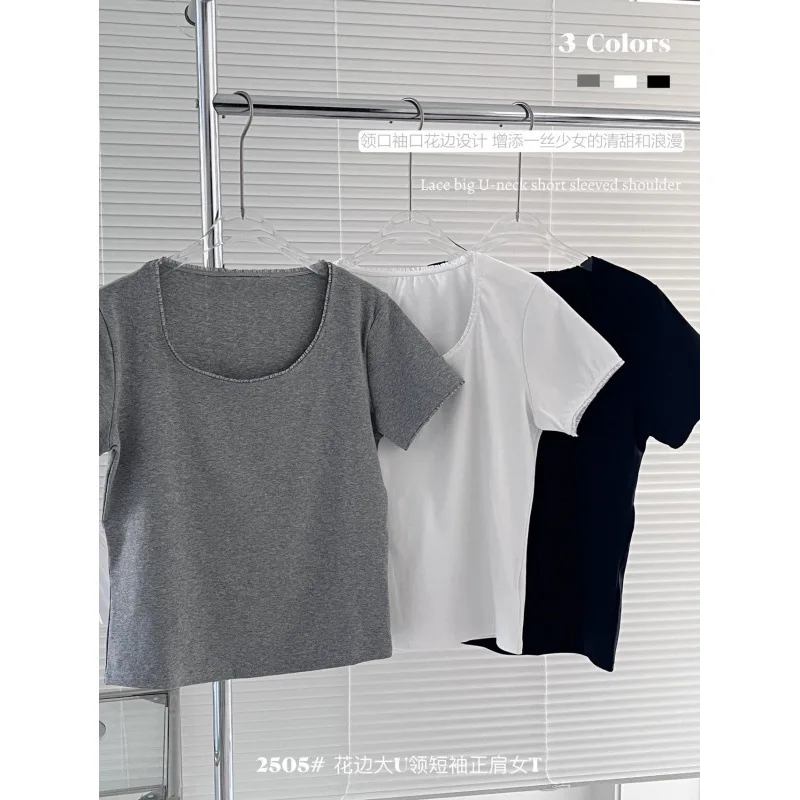 

Spring and Summer New Women's T-Shirt Versatile Lace Big U-Neck Short Sleeve Front Shoulder Women's T Show Figure Slim Short