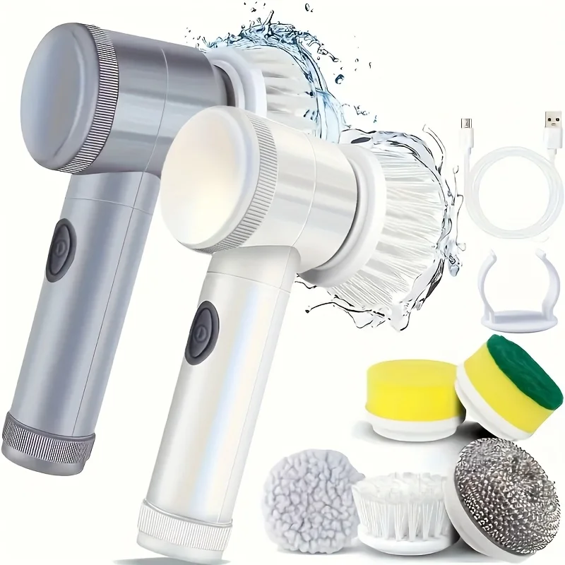 ¡Depurador giratorio eléctrico para limpieza de baño y cocina! Con 5 cabezales de cepillo de limpieza eléctricos ideales para bañera, fregadero de ventana de baldosas