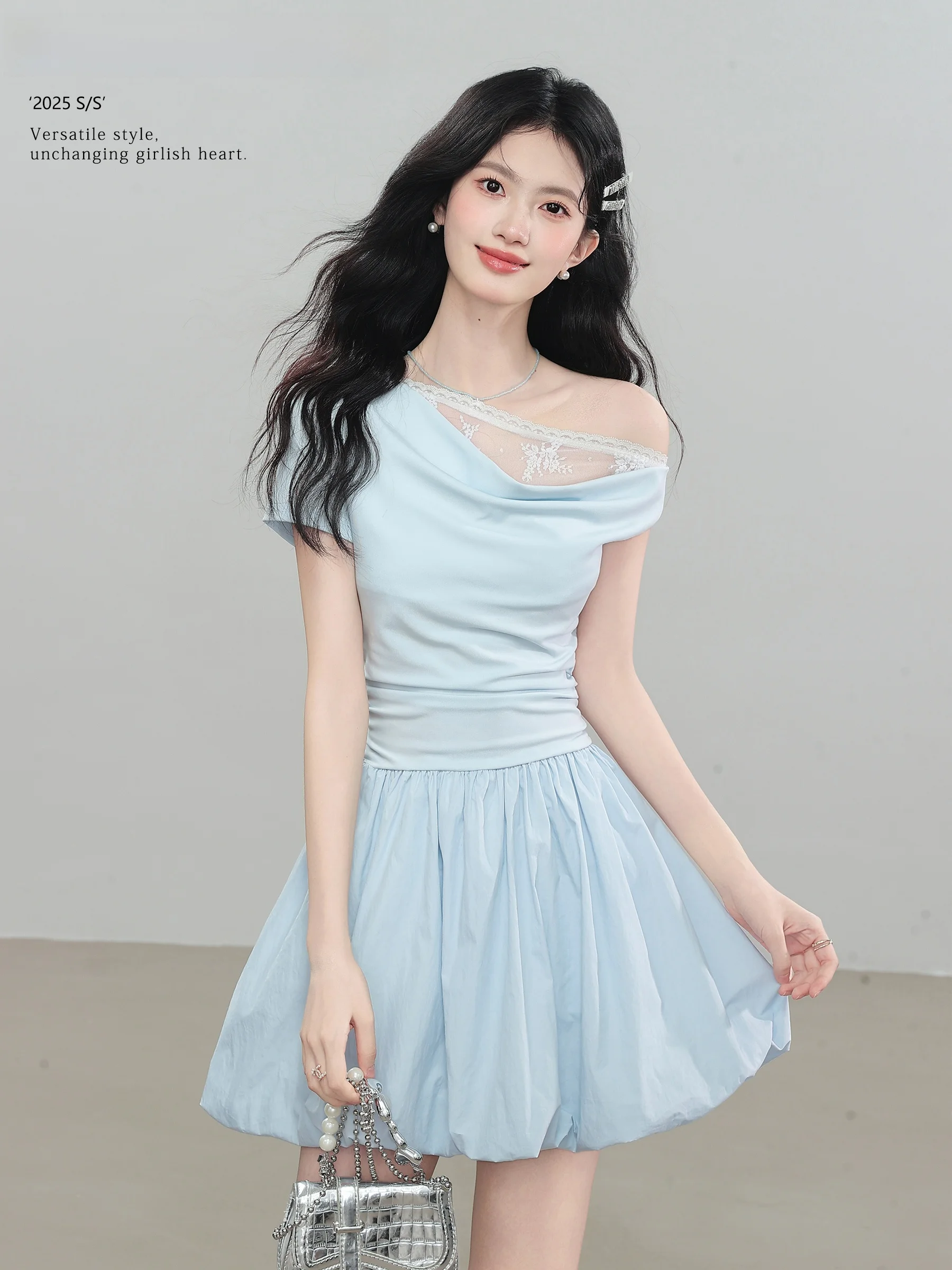 

Lingjiu Lake Blue Lace Asymmetrical ort Dr Women's Sweet Sle Gathered Waist A-Line Dr oulder Baring Dr