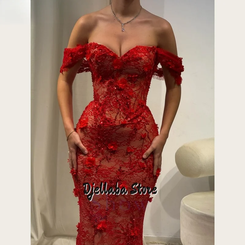 Vestidos de noche de encaje rojo sin tirantes, sexy, con cuello en V y hombros descubiertos, tren de encaje floral, vestido de fiesta de sirena, vestidos formales personalizados