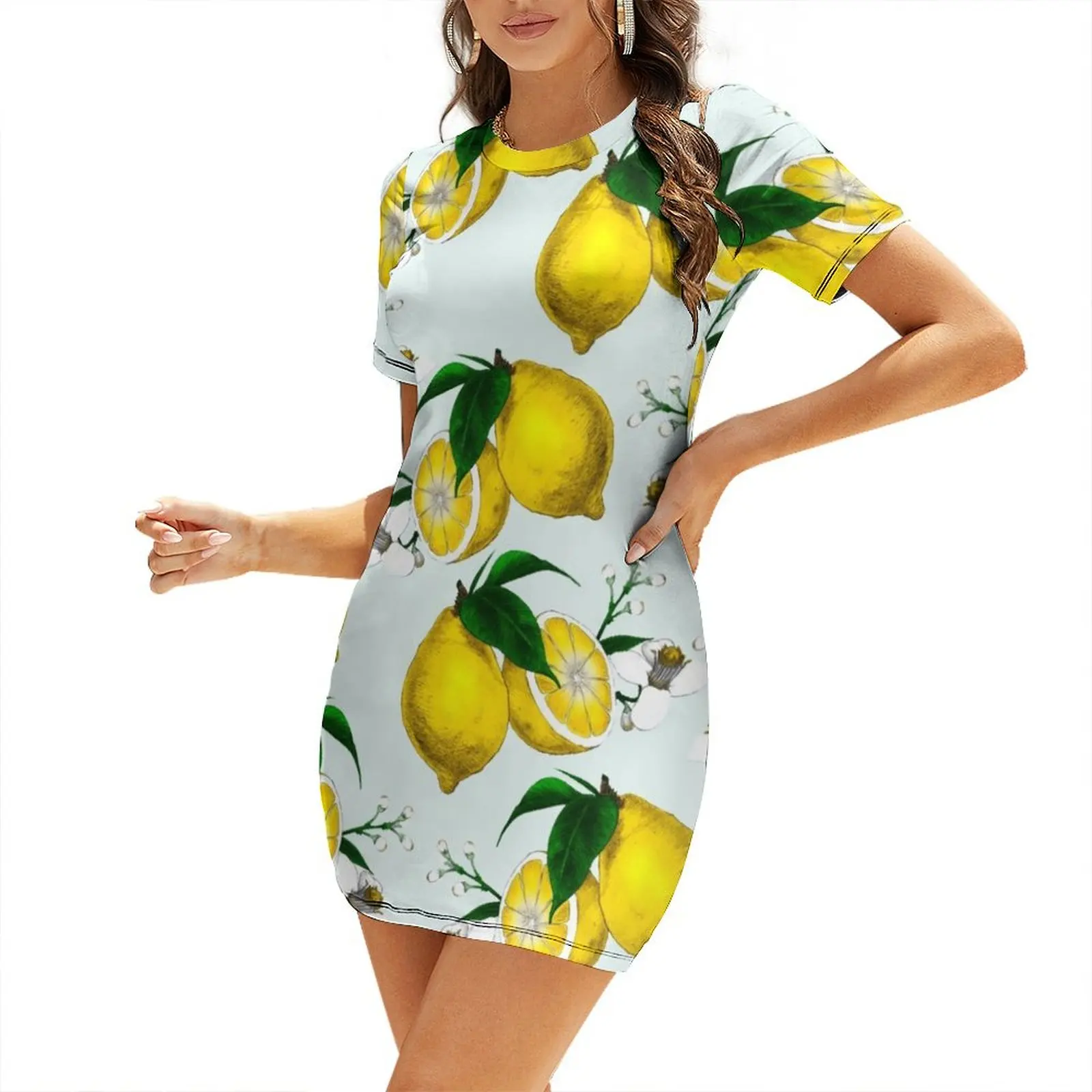 

Cute Lemon Print on Blue Background Short Sleeved Dress dress dresses for woman Elegant gown
