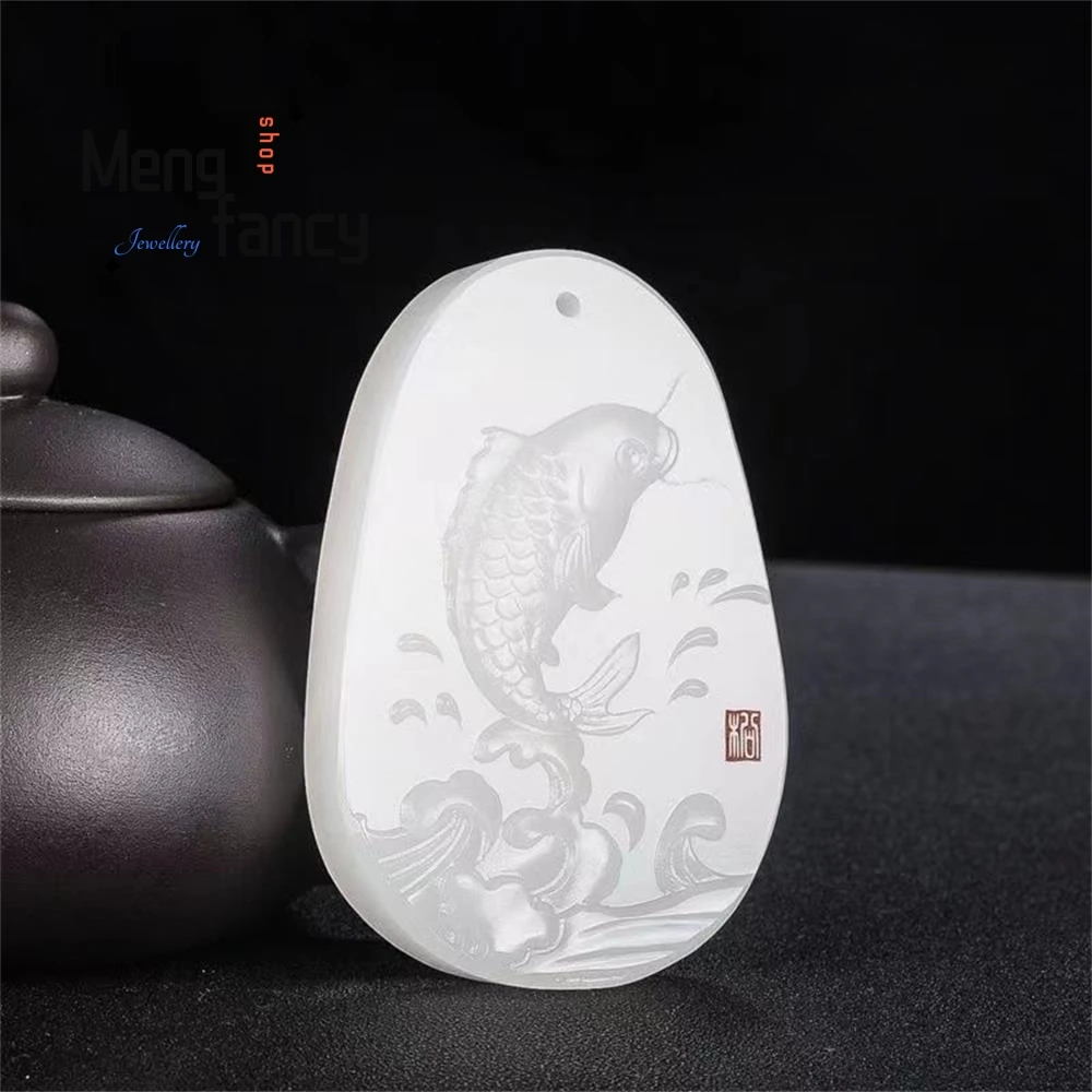 Naturale Hetian White Jade Fish Leap Dragon Gate ciondolo squisito elegante semplice gioielli di moda di alta qualità regali di festa di lusso