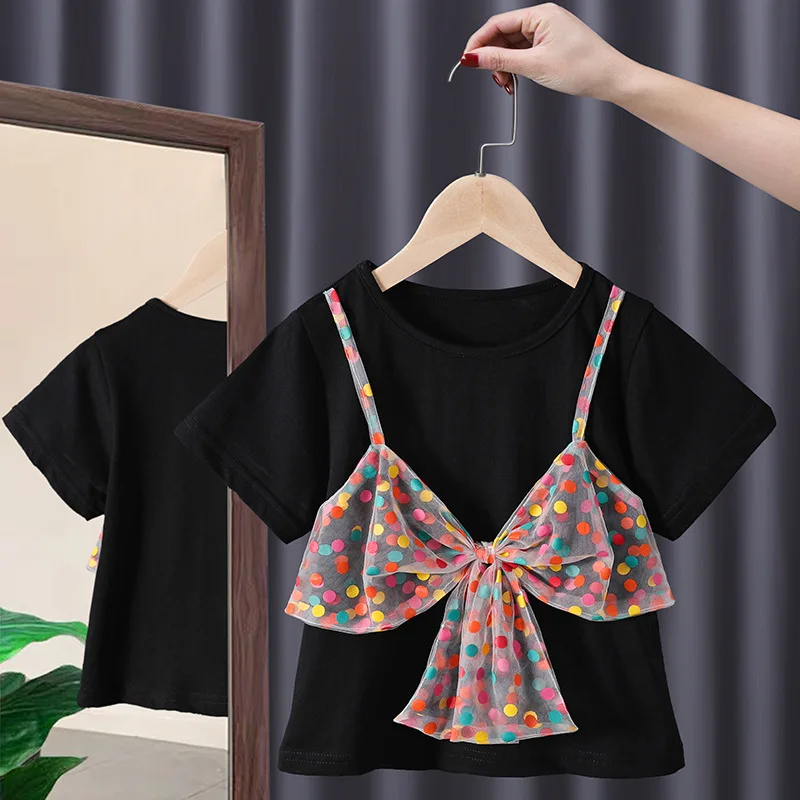 

Korean Children's Clothing Girl Tops Summer Kawaii Fashion Bowknot Cotton Casual Home Wear Women's T-Shirt From 2 To 8 Years Old