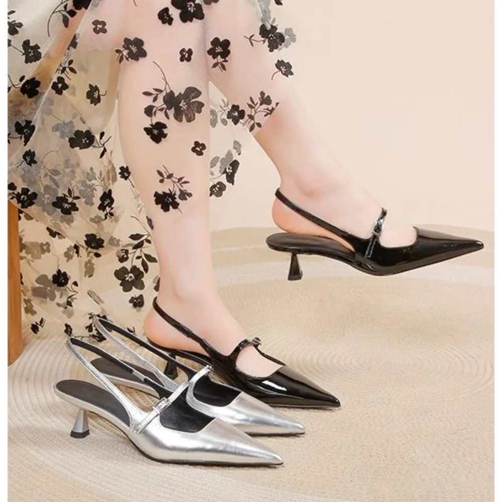 Shoes for Women 2024 New Pointed Toe Women's Slingback Sandals Simple and Elegant Dress Shoes High Quality Silver Heels Women