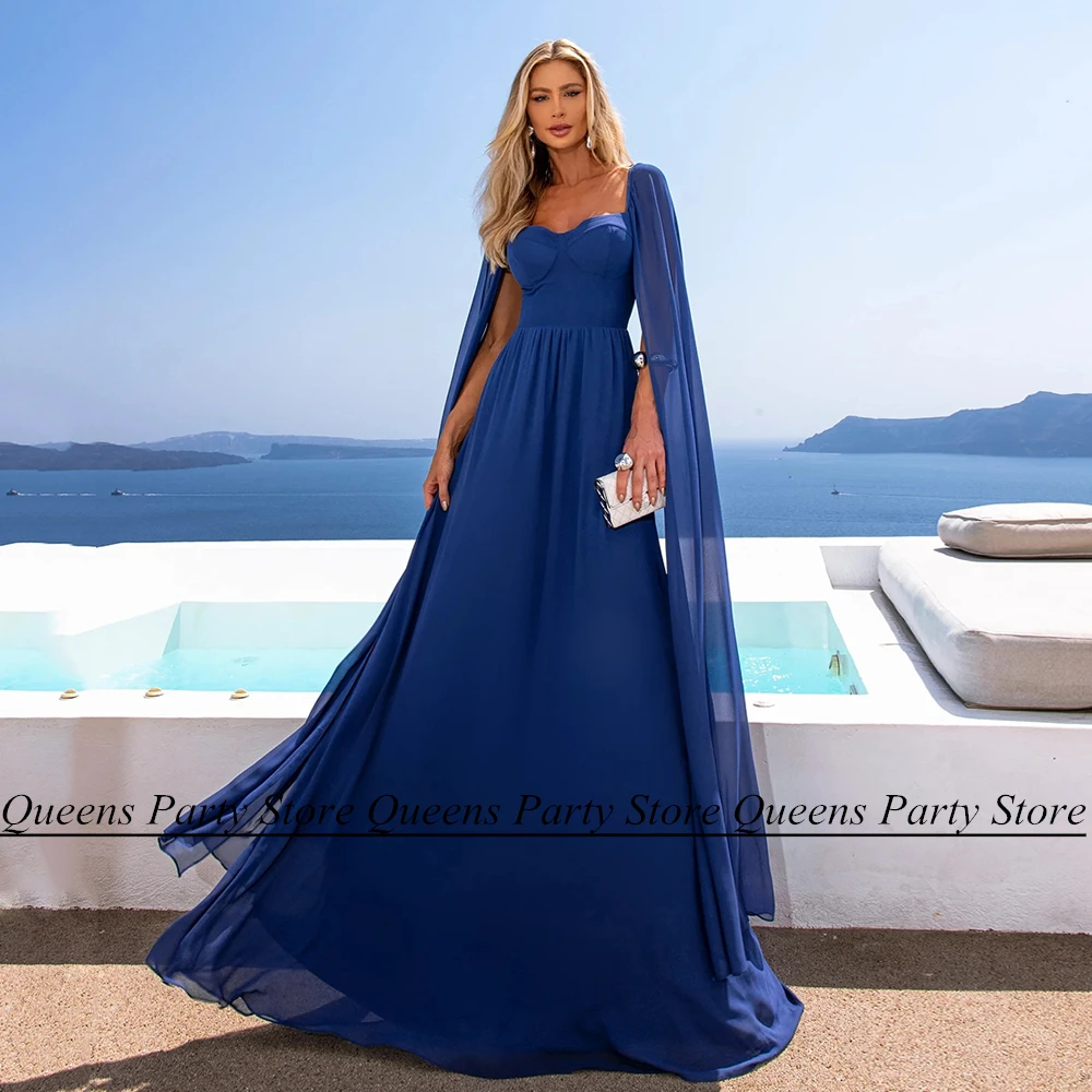 

Royal Blue Mother of The Bride Dress Sweetheart Long Cape Floor Length Chiffon A Line Wedding Guest Gown Arabic Party Dresses