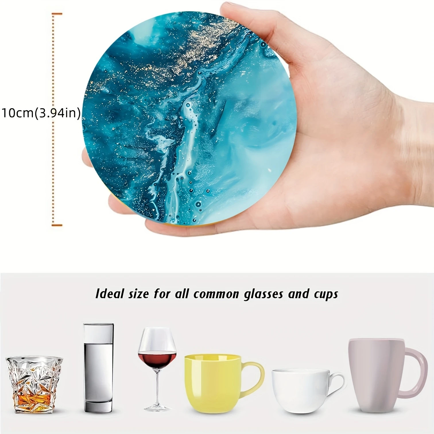 2D Flat 6pcs Blue Ocean Round Wooden Coasters & Placemats Set - Home, Cafe, Party Table Decor, Durable Drink Coasters For Home view 6