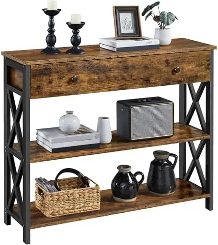 Console Table with Drawer, Entryway Table with 3 Tier Storage Shelves, Narrow Long Sofa Tables for Entryway, Living