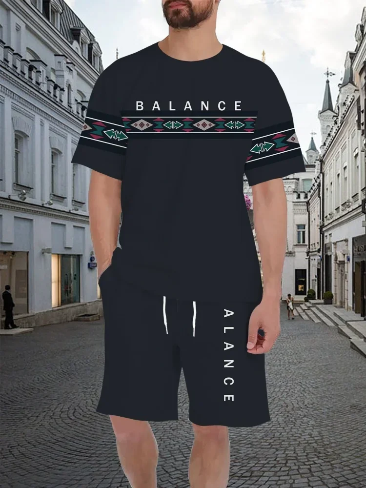 

New Fashion Design Men's T-Shirt Men's Sports Drawstring Shorts Simple Printed Men's 2-Piece Summer Gym Breathable Suit