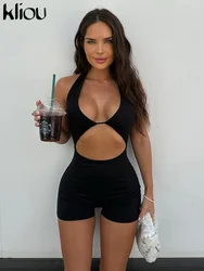 kliou Summer Women Above Knee Sexy Venetian Playsuit K23Q34762 Girl Solid Halter Cleavage Backless One Piece Club Hot Attire