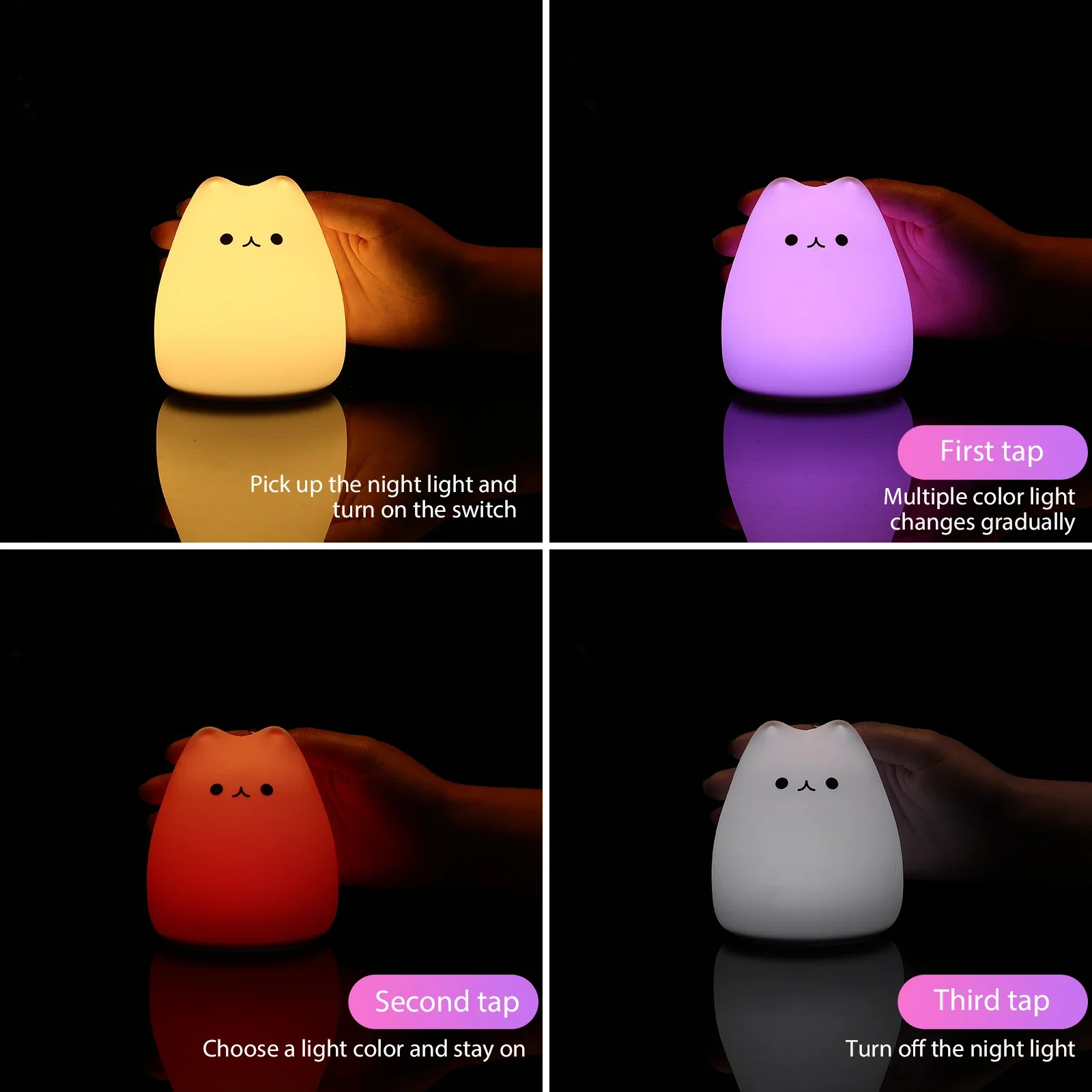 Mini Kawaii Popular Cat Baby Night Lamp 7-color Pat  Color-changing Eye Protection Bedroom Bedside Nightlight Gift Children Dad