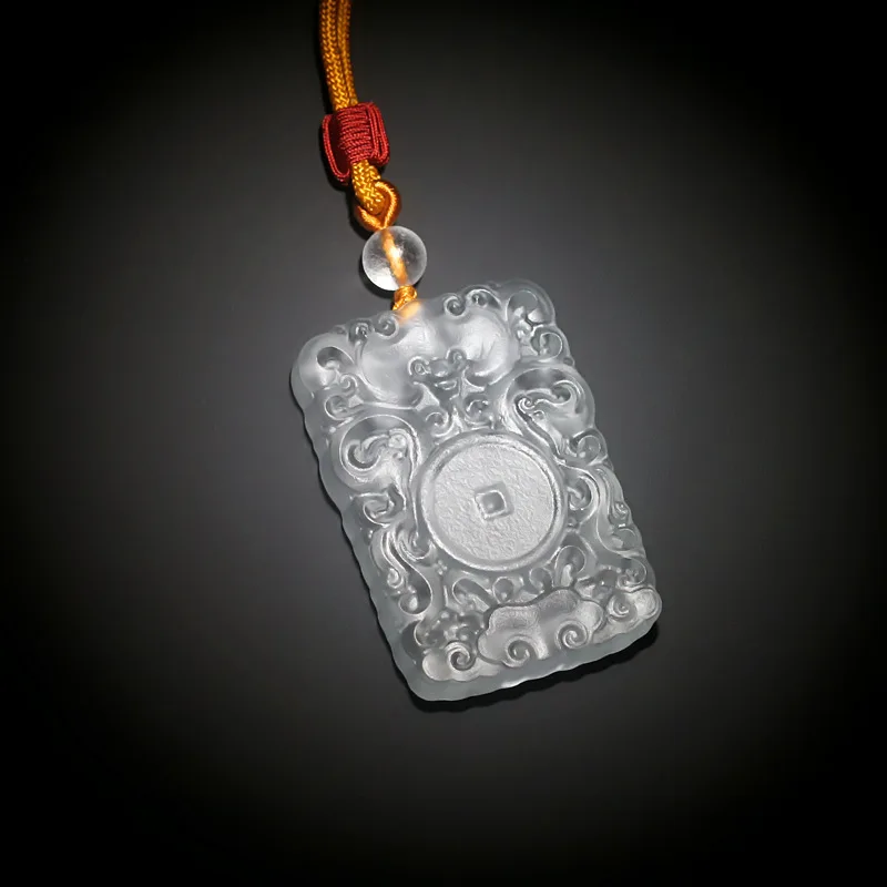 Chinese Style Carved Auspicious Cloud Pattern Frosted White Fu Character Square Pendant Necklace Good Luck Blessing Wealth Attra