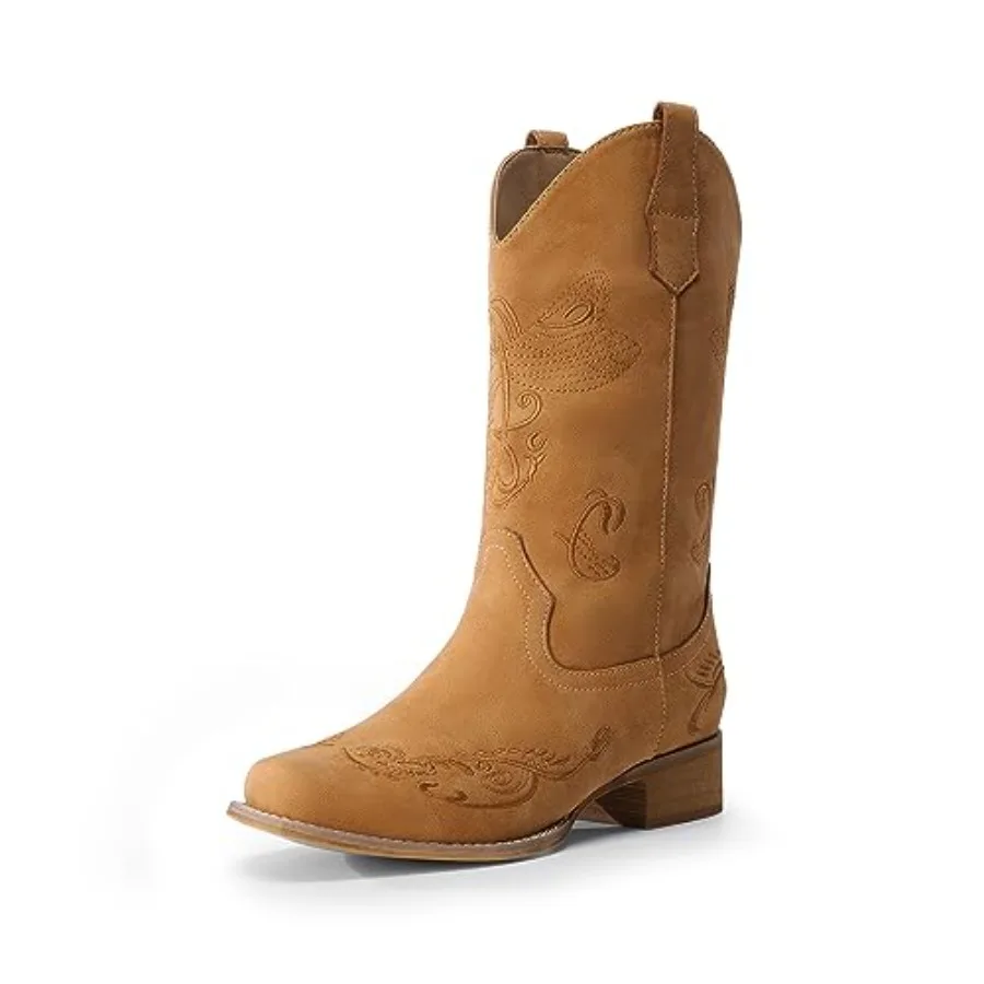 

Women's Square Toe Cowboy Cowgirl Boots Pull On Low Chunky Heel Mid Calf Western Boots with Embroide Stitched for Theme Party C