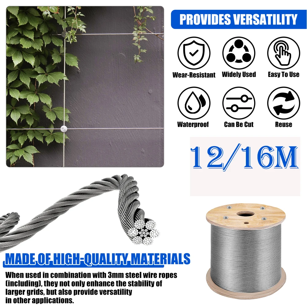 12/16m Wire Trellis Kit Stainless Steel Rustproof Climbing Plant Trelli Cross Head Cable Clips Replacement with Tube Sheath Rope