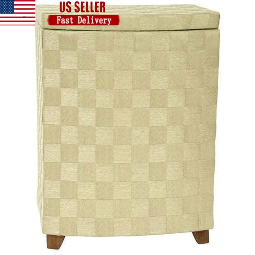 

Natural Fiber Laundry Hamper Storage Basket with Hinged Lid Wooden Feet Organized Clothes Sorting Decorative Home Use