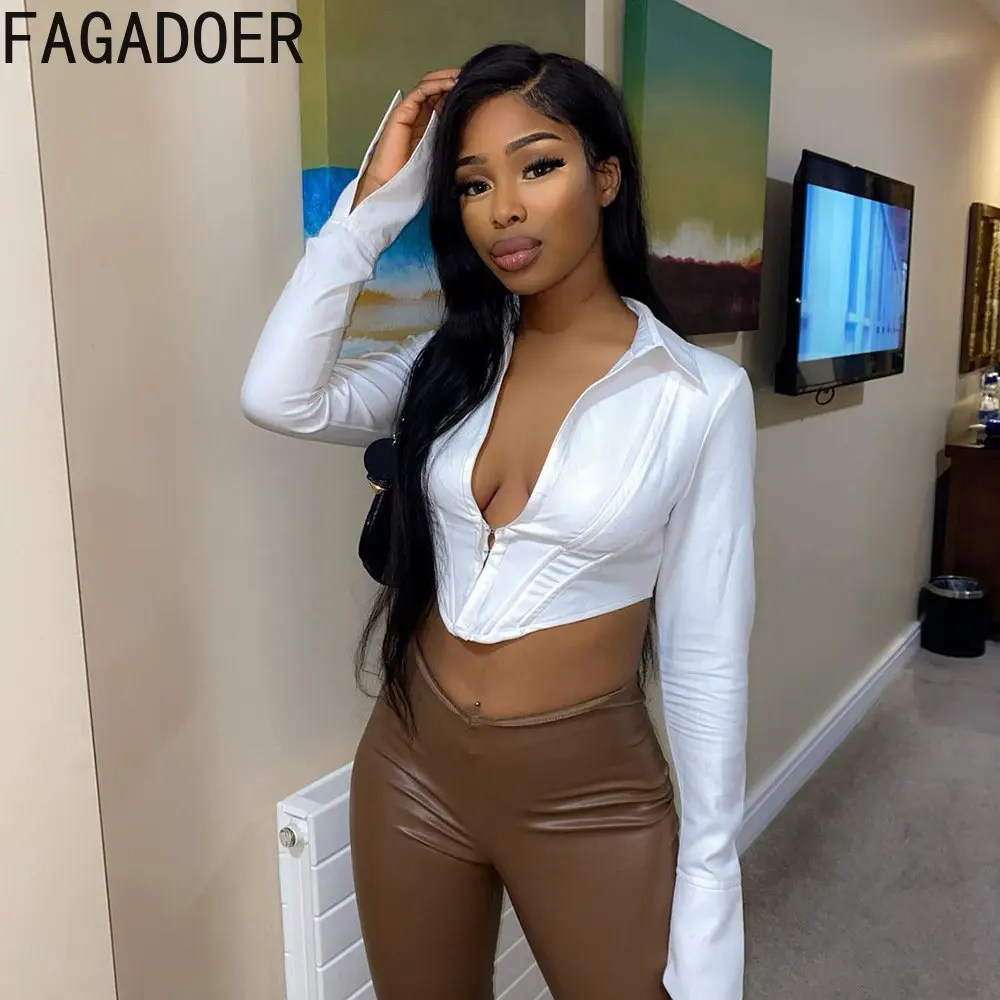 FAGADOER Sexy Deep V Harajuku White Shirts Slim Long Sleeve Crop Top Fashion Y2K Corset Short Tops Women Solid Color Streetwear