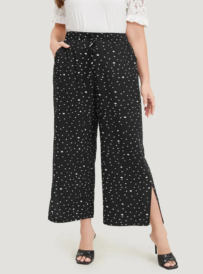 جديد البولكا نقطة الرباط جيب الشق السراويل للسراويل النسائية أزياء واسعة الساق عارضة