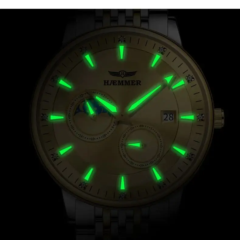 ساعة HAEMMER ميكانيكية أوتوماتيكية للرجال، ساعة عمل ستانلس ستيل للرجال، طراز كلاسيكي مقاوم للماء