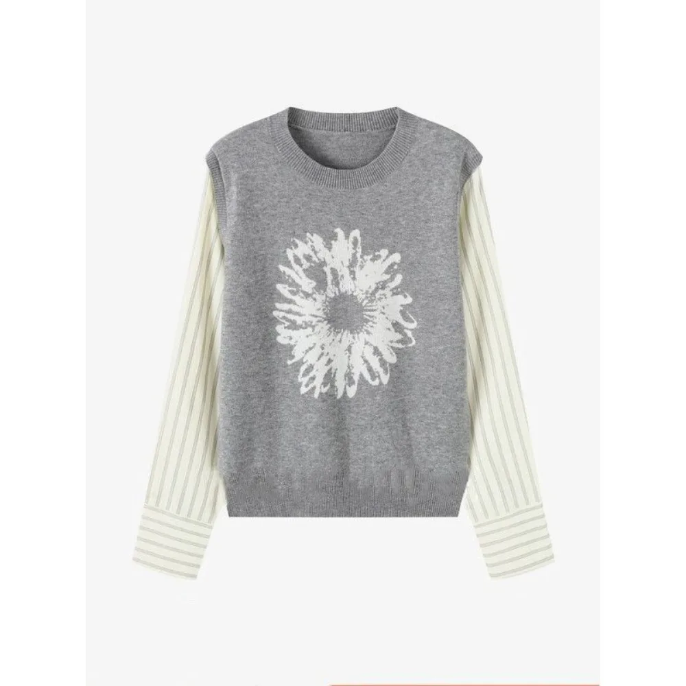 

Модный простой искусственный свитер из двух частей с вышивкой, осенний контрастный топ с круглым вырезом