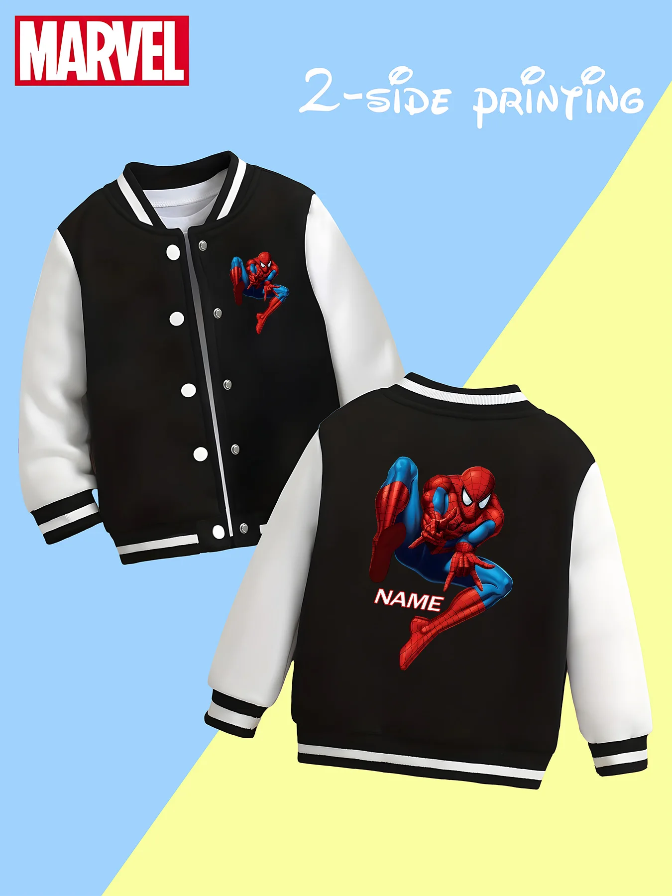 

MINISO Marvel boys' baseball jacket - Spider-Man's dynamic pose print, double-sided to show the heroic vitality, school, daily p