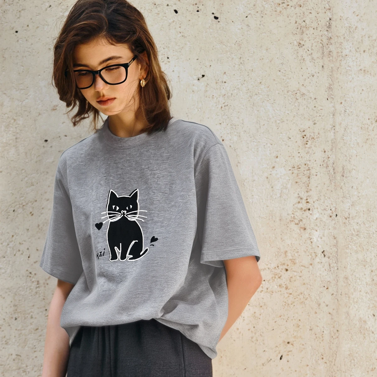 OLrain Pure Cotton Grey T-shirt Woman Cat Print Women's Summer Knitted Top 2025 Casual Short Sleeve Tee Shirts Ladies O57XT98216