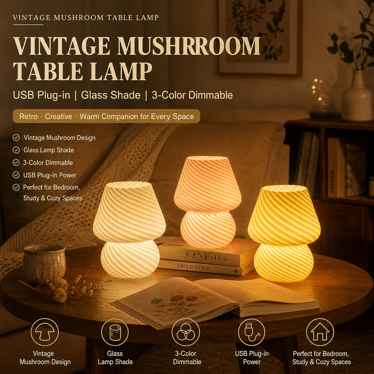 WWPPU Vintage Glass Mushroom Lamp Striped Swirl Shade 3 Color Dimmable USB Table Light for Bedroom Bedside Nightstand